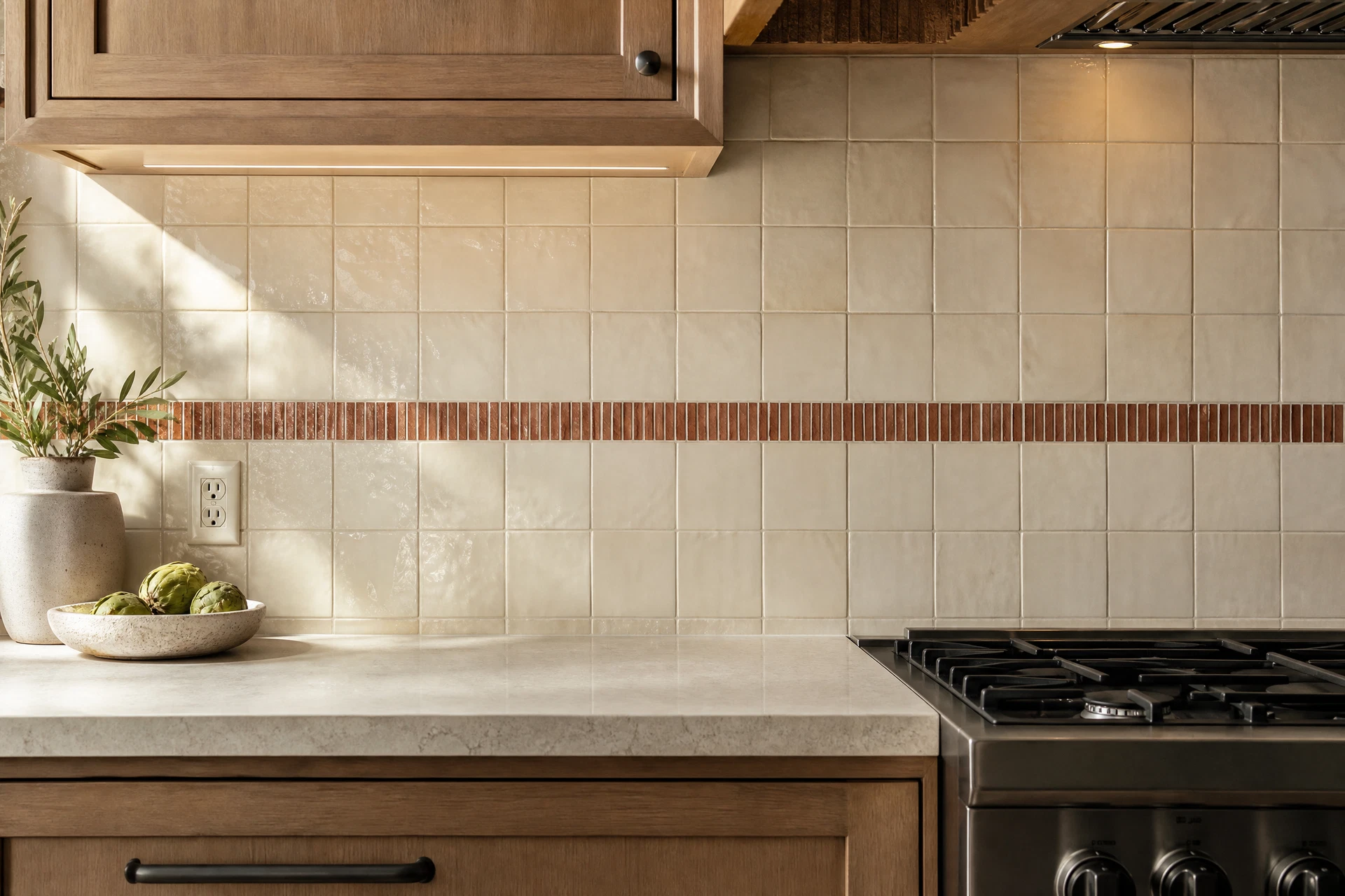 Warm ceramic kitchen backsplash tile installation with precise grout lines