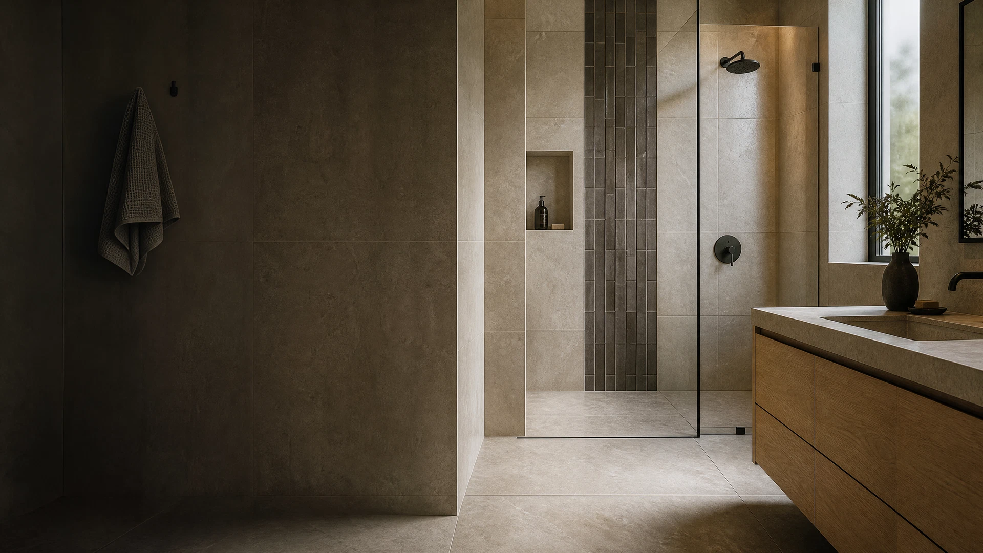 Large-format porcelain and ceramic tilework in a modern tiled bathroom