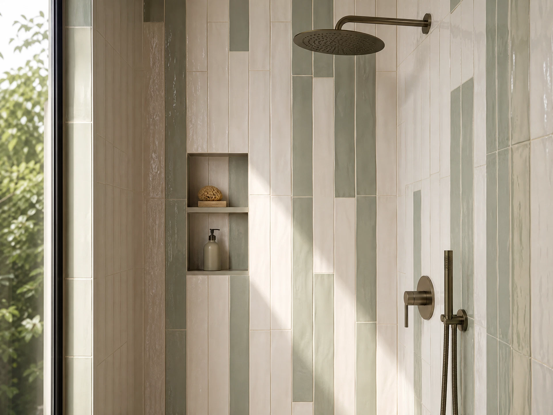 Professional shower tile installation with aligned ceramic wall tiles
